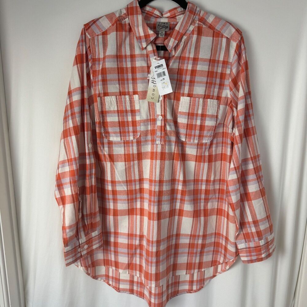 Como Vintage Women's Top Size 2X Orange Plaid Collared Pullover Long Sleeves NEW